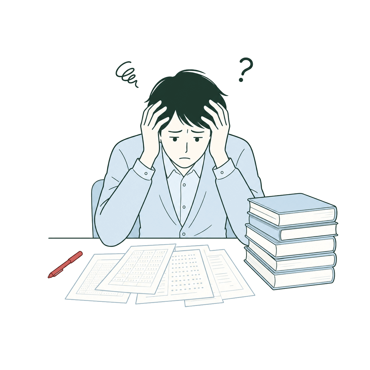 教材づくりに悩む塾の先生のイラスト